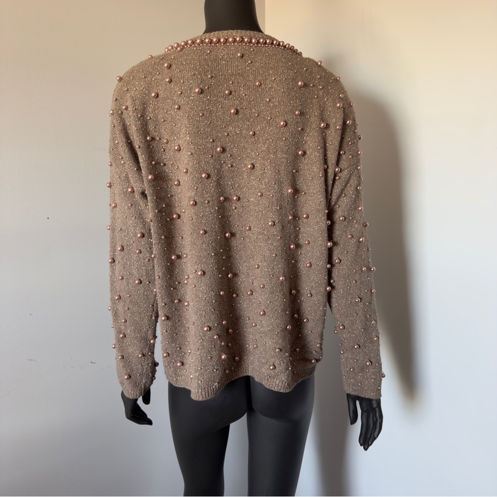 102. VTG Silk / Rabbit hair Elegant Pearl-Embellished Brown Sweater - Picture 5 of 8